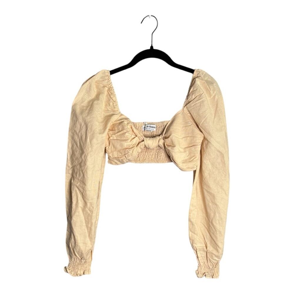 Charlie Holiday Tan Long Sleeve Linen Cropped Knot Front Top Smocked Back 6